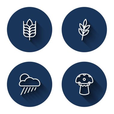Set line Wheat, Leaf, Cloud with rain and sun and Mushroom with long shadow. Blue circle button. Vector