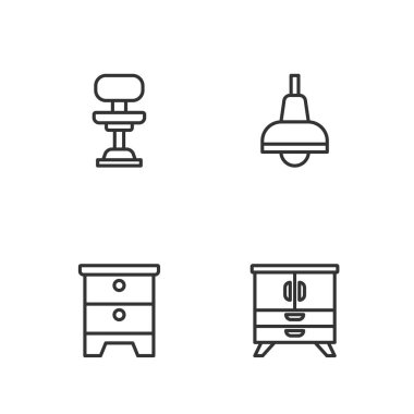 Set line Chest of drawers, Furniture nightstand, Office chair and Lamp hanging icon. Vector
