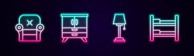 Set line Armchair, Chest of drawers, Floor lamp and Bunk bed. Glowing neon icon. Vector