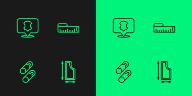 Set line Sewing pattern, Closed steel safety pin, Leather and Tape measure icon. Vector