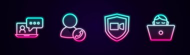 Set line Video chat conference, and Freelancer. Glowing neon icon. Vector