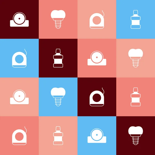 Set pop art Otolaryngological head reflector, Dental implant, floss and Mouthwash icon. Vector — 스톡 벡터