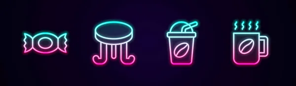 Set line Candy, Coffee table, Iced coffee and cup. Glowing neon icon. Vector — Wektor stockowy