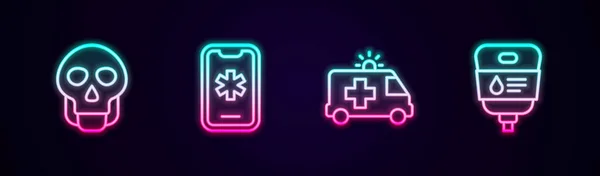 Set line Skull, Emergency call 911, Ambulance car and IV bag. Glowing neon icon. Vector — 스톡 벡터