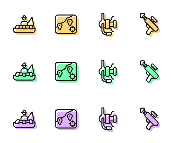 Set line Spinning reel for fishing, Fisherman boat, Location and Fishing harpoon icon. Vector — 图库矢量图片