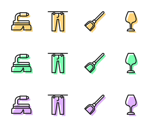 Set line Dustpan, Brush for cleaning, Drying clothes and Wine glass icon. Vector — ストックベクタ