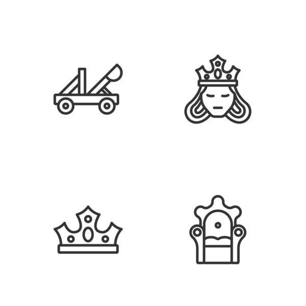 Set line Medieval throne, King crown, catapult and Princess or queen icon. Vector — Vector de stock