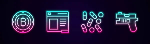 Set line Cryptocurrency coin Bitcoin, Browser window, Medical pill biohacking and Futuristic weapon. Glowing neon icon. Vector — Archivo Imágenes Vectoriales