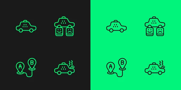 Set line Broken taxi car, Route location, Taxi and service rating icon. Vector — Vetor de Stock