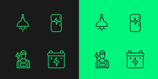 Set line Car battery, Electrician, Lamp hanging and Refrigerator icon. Vector — Vettoriale Stock