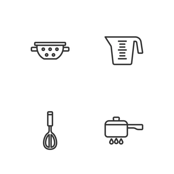 Set line Cooking pot on fire, Kitchen whisk, colander and Measuring cup icon. Vector —  Vetores de Stock
