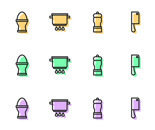 Set line Pepper, Chicken egg on a stand, Cooking pot fire and Meat chopper icon. Vector — ストックベクタ