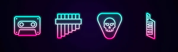 Set line Retro audio cassette tape, Pan flute, Guitar pick and Keytar. Glowing neon icon. Vector — 스톡 벡터