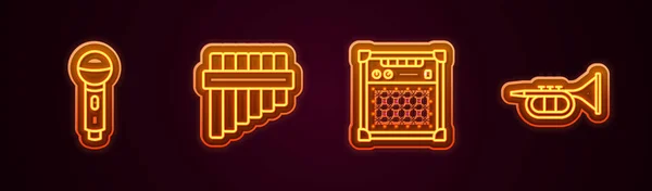 Set line Microphone, Pan flute, Guitar amplifier and Trumpet. Glowing neon icon. Vector — Stock vektor