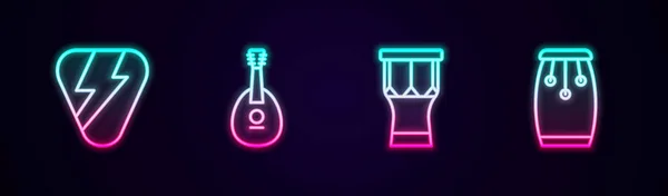 Set line Guitar pick, Mandolin, African percussion drum and Conga drums. Glowing neon icon. Vector — Stockvektor