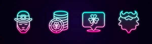 Set line Leprechaun, Golden leprechaun coin, Clover trefoil leaf and Mustache and beard. Glowing neon icon. Vector — Vetor de Stock