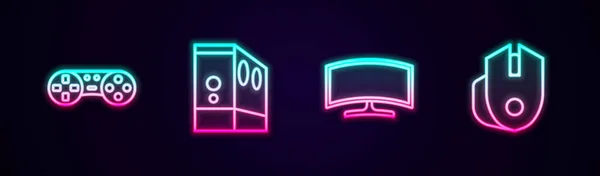 Set line Game controller or joystick, Case of computer, Computer monitor and mouse. Glowing neon icon. Vector — 스톡 벡터