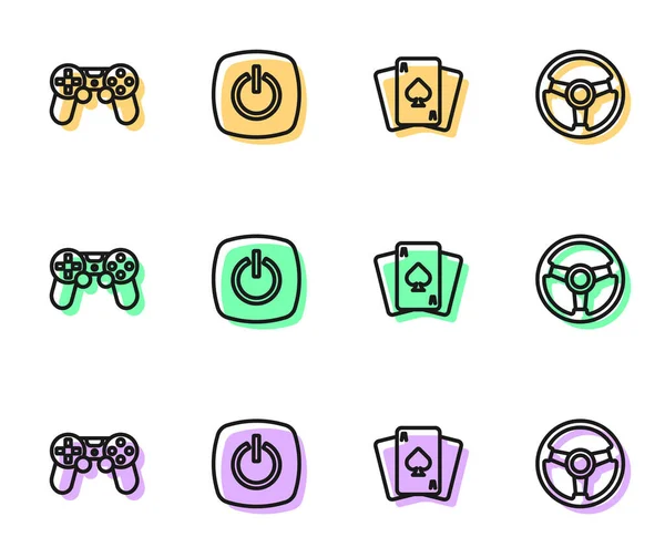 Set line Playing cards, Game controller or joystick, Power button and Racing simulator icon. Vector — Stockový vektor