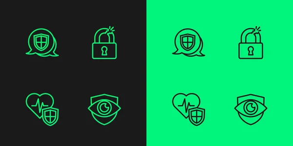 Set line Shield and eye, Life insurance with shield, and Broken or cracked lock icon. Vector — Vector de stock