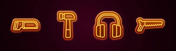 Set line Hacksaw, Hammer, Headphones and Hand. Glowing neon icon. Vector — Stock vektor