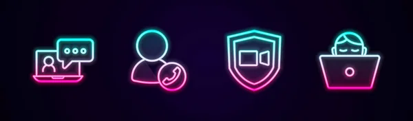 Set line Video chat conference, and Freelancer. Glowing neon icon. Vector — Stockvector