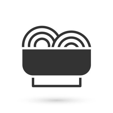 Kasede gri Asya erişteleri ve beyaz arka planda izole edilmiş yemek çubukları ikonu. Sokak yemeği. Kore, Japon, Çin yemekleri. Vektör