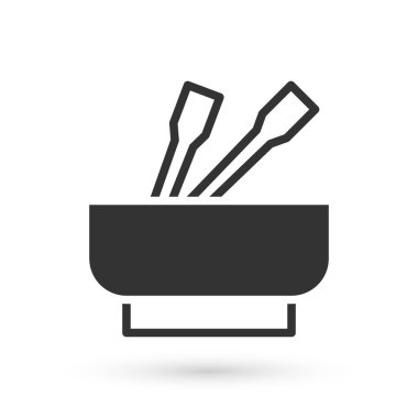 Kasede gri Asya erişteleri ve beyaz arka planda izole edilmiş yemek çubukları ikonu. Sokak yemeği. Kore, Japon, Çin yemekleri. Vektör