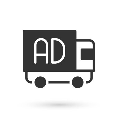 Kamyon simgesindeki gri reklamlar beyaz arka planda izole edildi. Pazarlama ve tanıtım süreci kavramı. İlgili reklamlar. Sosyal medya reklamcılığı. Vektör