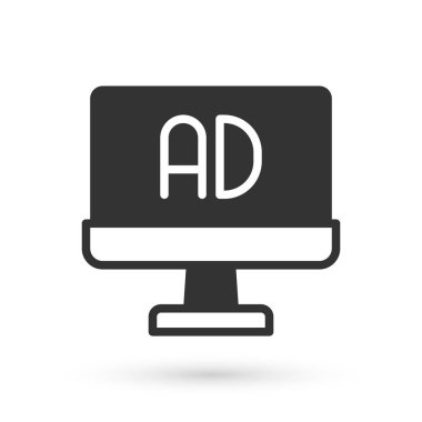 Gri reklam simgesi beyaz arkaplanda izole edildi. Pazarlama ve tanıtım süreci kavramı. İlgili reklamlar. Sosyal medya reklamcılığı. Vektör