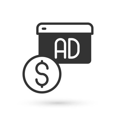 Gri reklam simgesi beyaz arkaplanda izole edildi. Pazarlama ve tanıtım süreci kavramı. İlgili reklamlar. Sosyal medya reklamcılığı. Vektör