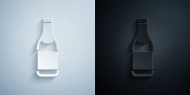 Kağıt kesiği şampanya şişesi ikonu gri ve siyah arka planda izole edilmiş. Mutlu Noeller ve mutlu yıllar. Kağıt sanatı tarzı. Vektör