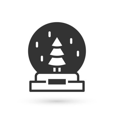 Kar yağan gri Noel küresi ve beyaz arka planda izole edilmiş Noel ağacı ikonu. Mutlu Noeller ve mutlu yıllar. Vektör