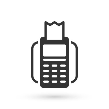 Gri POS terminali, beyaz arkaplanda izole edilmiş kredi kartı ve yazdırılmış tarif simgesi var. NFC ödeme konsepti. Vektör