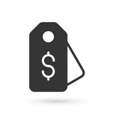 Beyaz arka planda dolar simgesi olan Grey Price etiketi. Rozet fiyatına. Dolar sembollü indirim. Reklam etiketi indirimi. Vektör