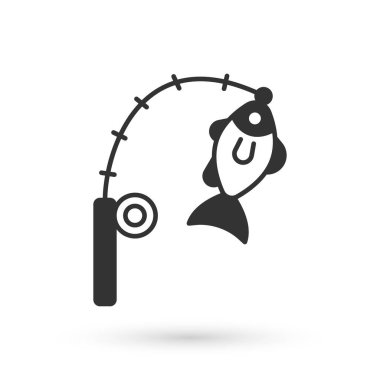 Beyaz arka planda gri balıkçı oltası ve balık ikonu var. Balıkçılık ekipmanları ve balık çiftliği konuları. Vektör