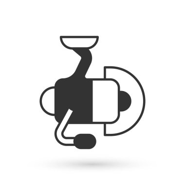 Beyaz arka planda izole edilmiş balık ikonu için gri dönen makara. Balık bobini. Balık oltası. Vektör