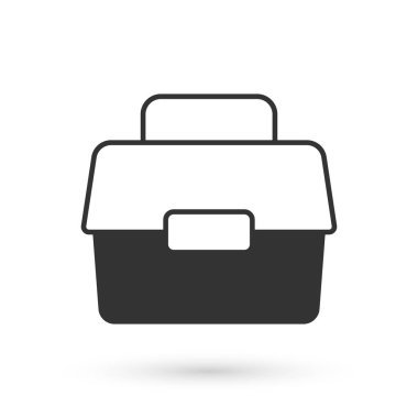 Bocalayanlar için gri kutu ya da kutu kutusu ve beyaz arka planda izole edilmiş balıkçılık ekipmanları ikonu. Balık oltası. Vektör