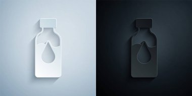 Kağıt kesiği petrol test tüpü simgesi gri ve siyah arkaplanda izole edilmiş. Komiklik şişesi ve düşen damla. Kağıt sanatı tarzı. Vektör