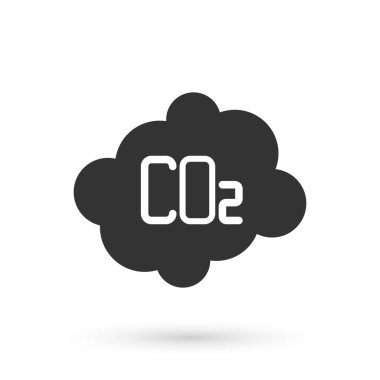 Bulut simgesindeki gri CO2 emisyonları beyaz arka planda izole edildi. Karbondioksit formülü, duman kirliliği konsepti, çevre konsepti. Vektör