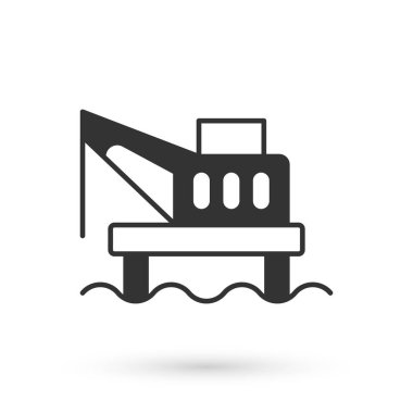 Deniz ikonundaki gri petrol platformu beyaz arka planda izole edilmiş. Denizde sondaj kulesi. Petrol platformu, doğalgaz, deniz aşırı sanayi. Vektör