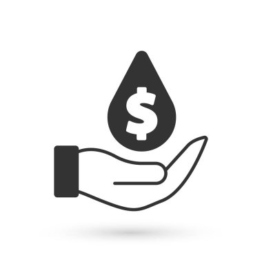 Beyaz zemin üzerinde dolar sembolü olan gri yağ damlası. Petrol fiyatı. Petrol ve petrol endüstrisi. Vektör