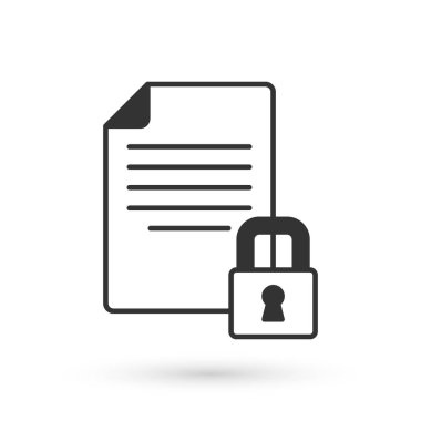 Gri Belge ve kilit simgesi beyaz arkaplanda izole edildi. Dosya biçimi ve asma kilit. Güvenlik, güvenlik, koruma kavramı. Vektör