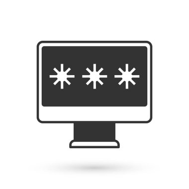 Parola bildirim simgesine sahip gri monitör beyaz arkaplanda izole edildi. Güvenlik, kişisel erişim, kullanıcı yetkisi, giriş formu. Vektör