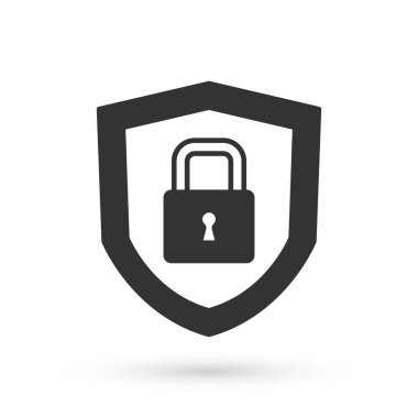 Gri Kalkan güvenliği, beyaz arka planda kilit simgesi var. Koruma, güvenlik, şifre güvenliği. Güvenlik duvarı gizlilik levhası. Vektör
