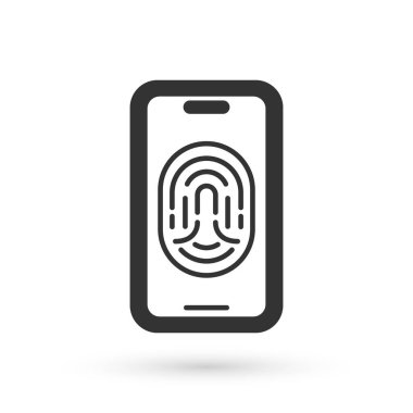 Beyaz arkaplanda parmak izi tarayıcı simgesi olan gri akıllı telefon. Güvenlik kavramı, cep telefonundan kişisel erişim. Vektör