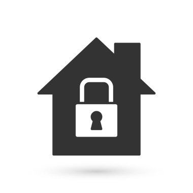 Gri Ev koruma altında, beyaz arka planda izole edilmiş bir ikon. Eve git ve kilitle. Koruma, güvenlik, güvenlik, koruma, savunma konsepti. Vektör