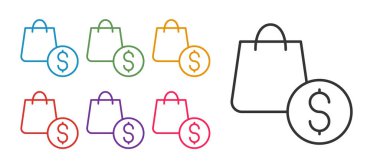 Alışveriş torbası ve dolar simgesi beyaz arka planda izole edildi. El çantası işareti. Kadın çanta ikonu. Kadın el çantası işareti. Simgeleri renklendirin. Vektör