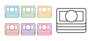 Çizgiyi ayarla kağıt para para ikonu beyaz arka planda izole. Para desteleri. Para birimi. Simgeleri renklendirin. Vektör