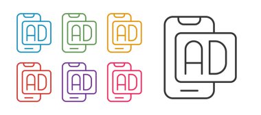 Satır reklam simgesini beyaz arkaplanda izole et. Pazarlama ve tanıtım süreci kavramı. İlgili reklamlar. Sosyal medya reklamcılığı. Simgeleri renklendirin. Vektör