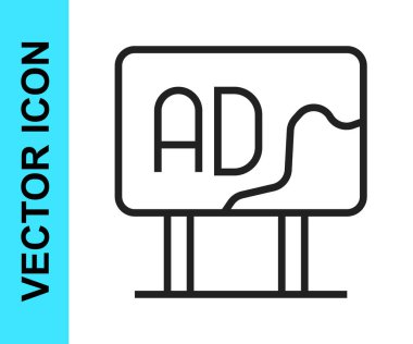 Beyaz arkaplanda siyah çizgi reklam simgesi izole edildi. Pazarlama ve tanıtım süreci kavramı. İlgili reklamlar. Sosyal medya reklamcılığı. Vektör